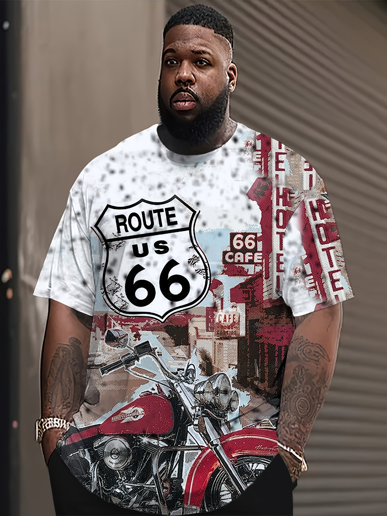 Футболка с принтом винтажного мотоцикла на маршруте 66 от бренда HXMRBY, с 3D-графикой, круглым вырезом, эластичной полиэстеровой тканью, мультяшным и печатным дизайном, а также стандартным кроем в больших размерах.