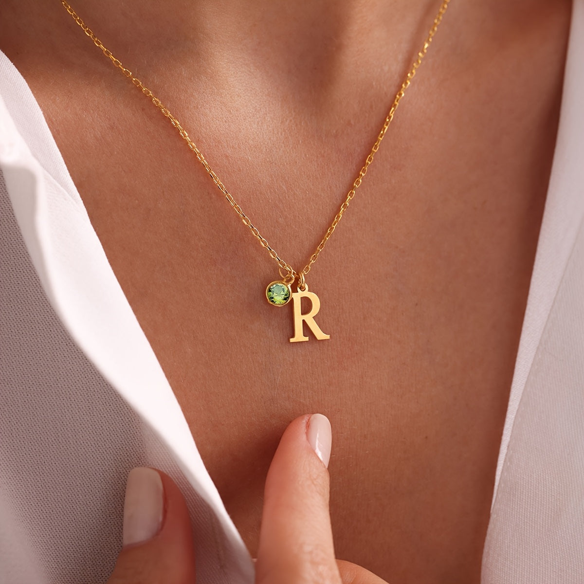 Women's Gold Plated Letter Pendant Necklace with Birthstone Personalized Initials
