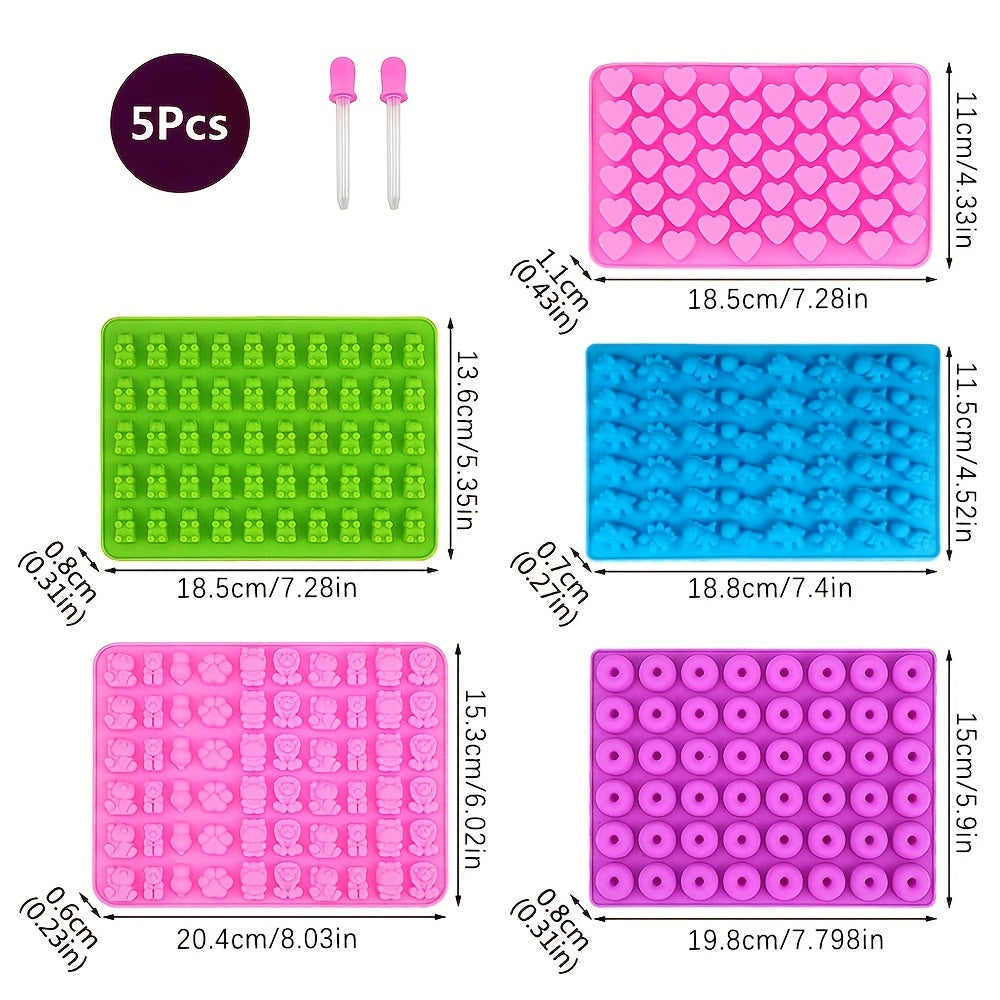 Set of 5 Silicone Gummy Bear Chocolate Molds with 2 Droppers Non-Stick Candy Making Kit