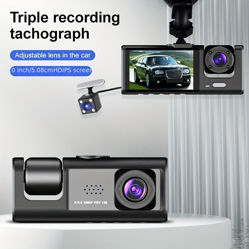 3-Channel Dash Cam with IR Night Vision 1080P HD Front Rear Loop Playback Wide Angle Display