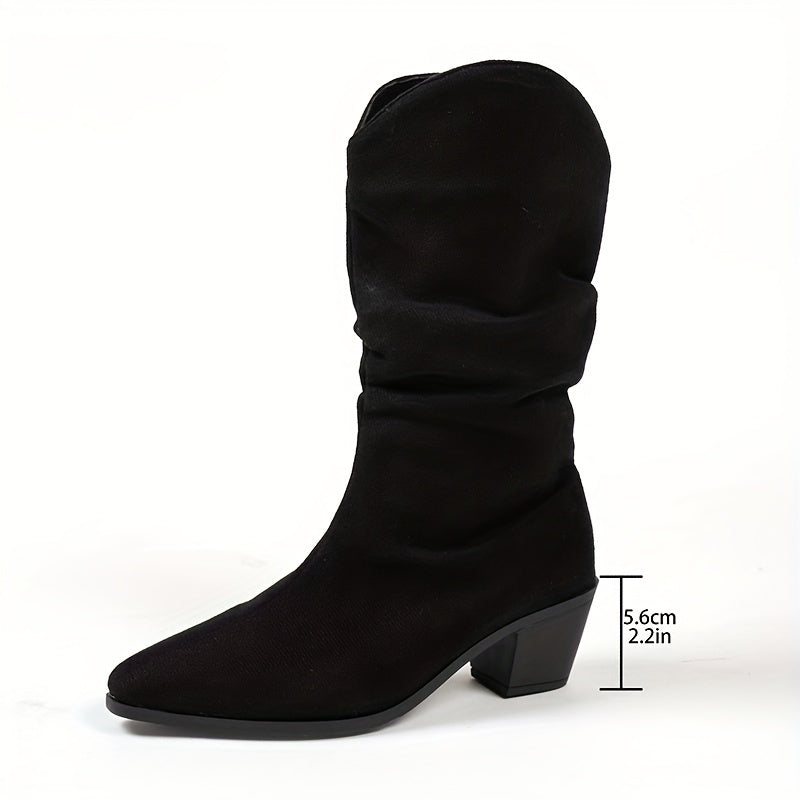 Women's Faux Fur Mid-Calf Boots Black Brown Square Toe Block Heel