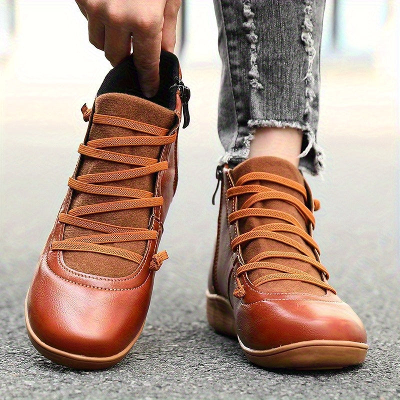 Women's Casual Ankle Boots Brown PU Low Heel Round Toe Lace-Up