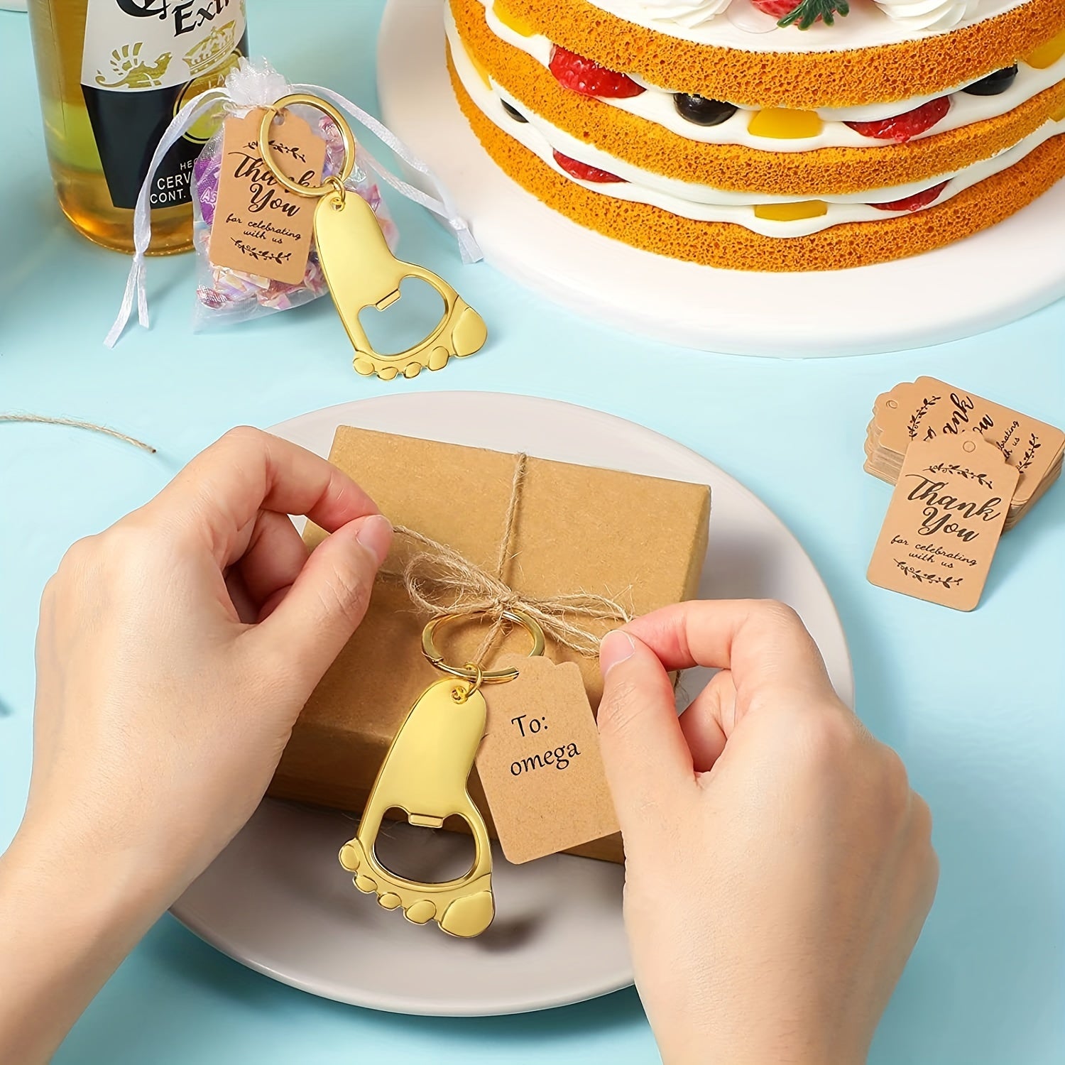 10 ta Iz kalit zanjiri shishka ochgich to'plami, organza sumkasi, rahmat yorlig'i va 30CM ip bilan