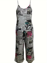 Plus Size Women's Jumpsuit Newspaper Print Off-Shoulder Pockets Casual All-Season