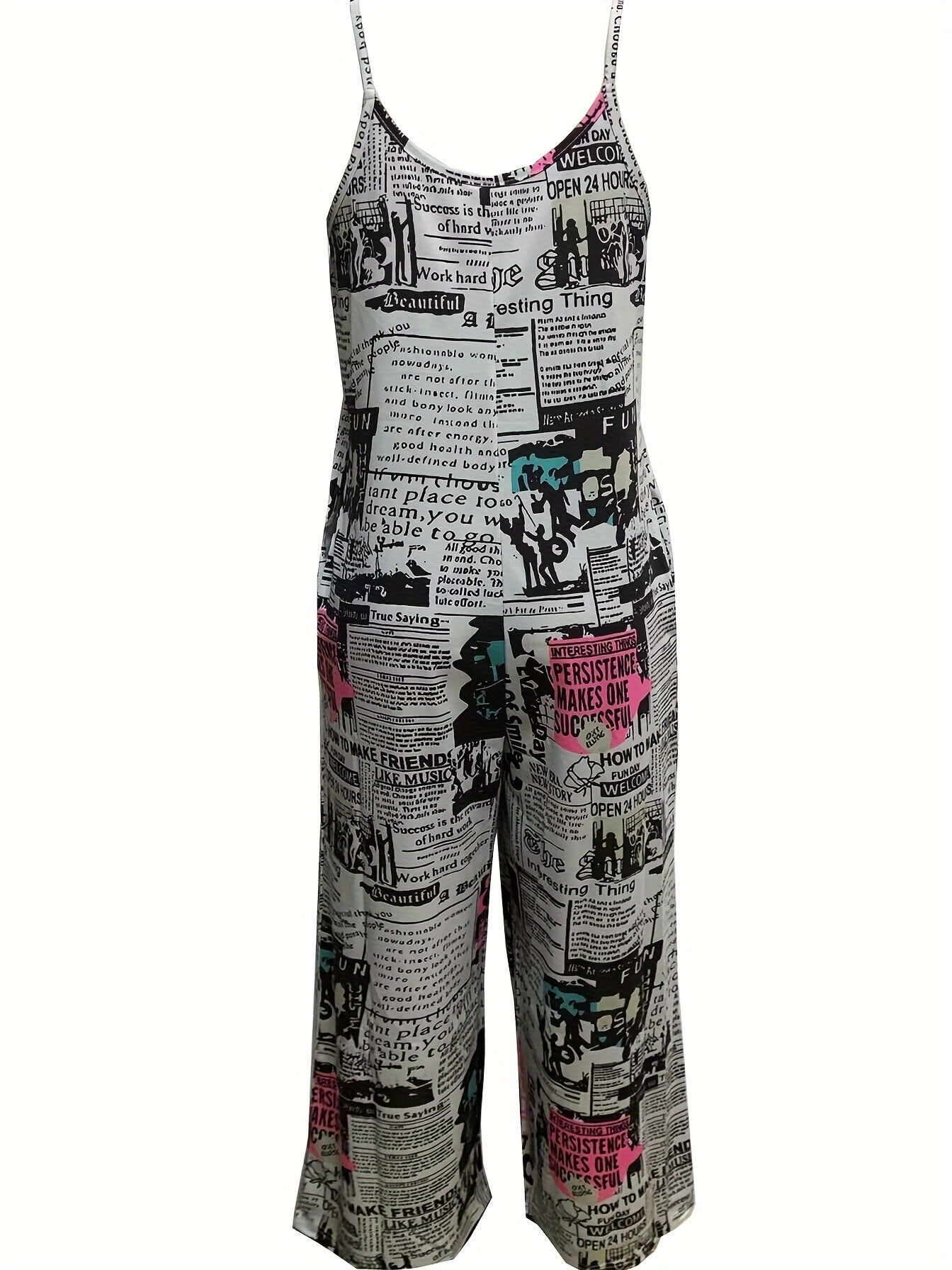 Plus Size Women's Jumpsuit Newspaper Print Off-Shoulder Pockets Casual All-Season