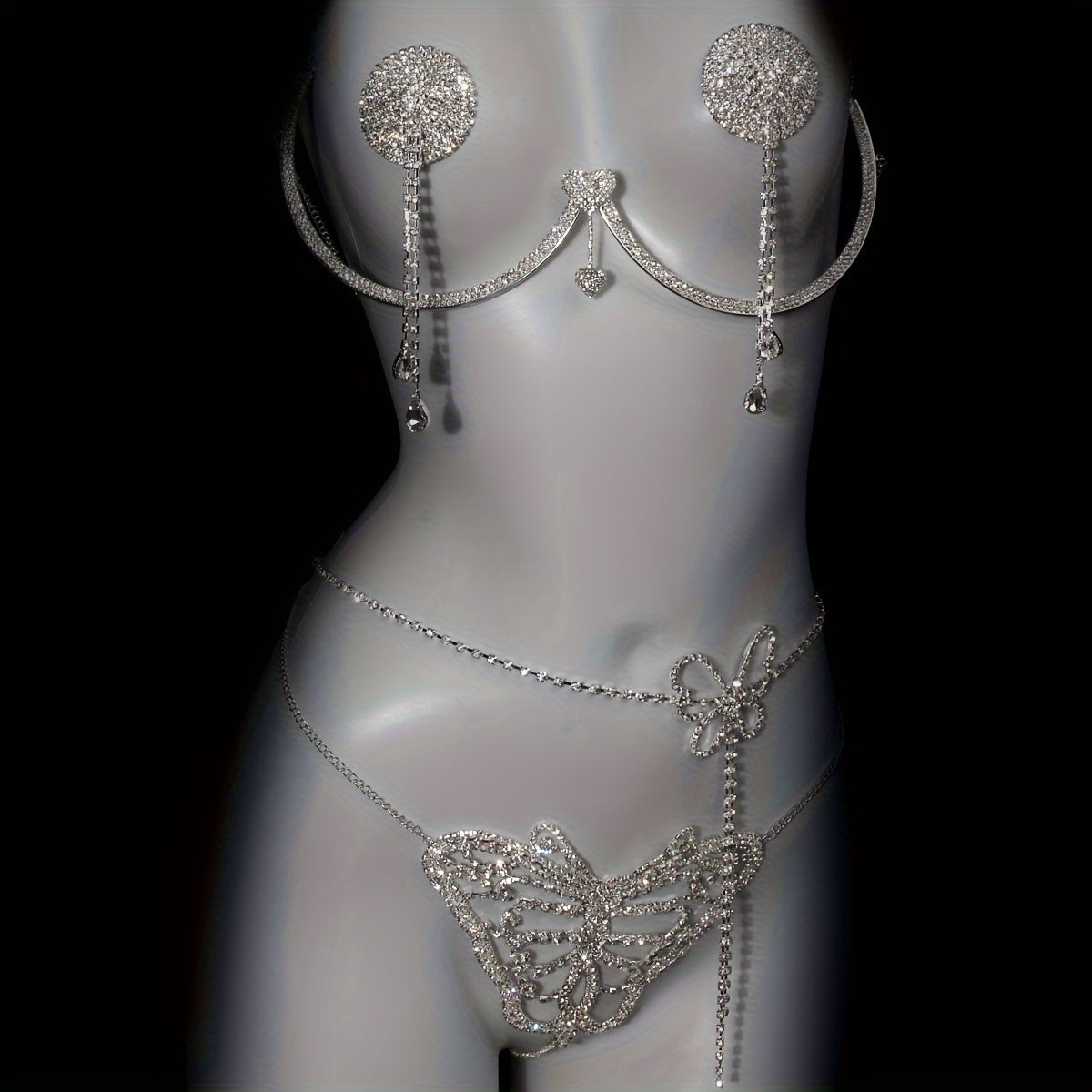 Women's Rhinestone Embellished Bikini Thong Body Chain Set, 4-Piece Collection