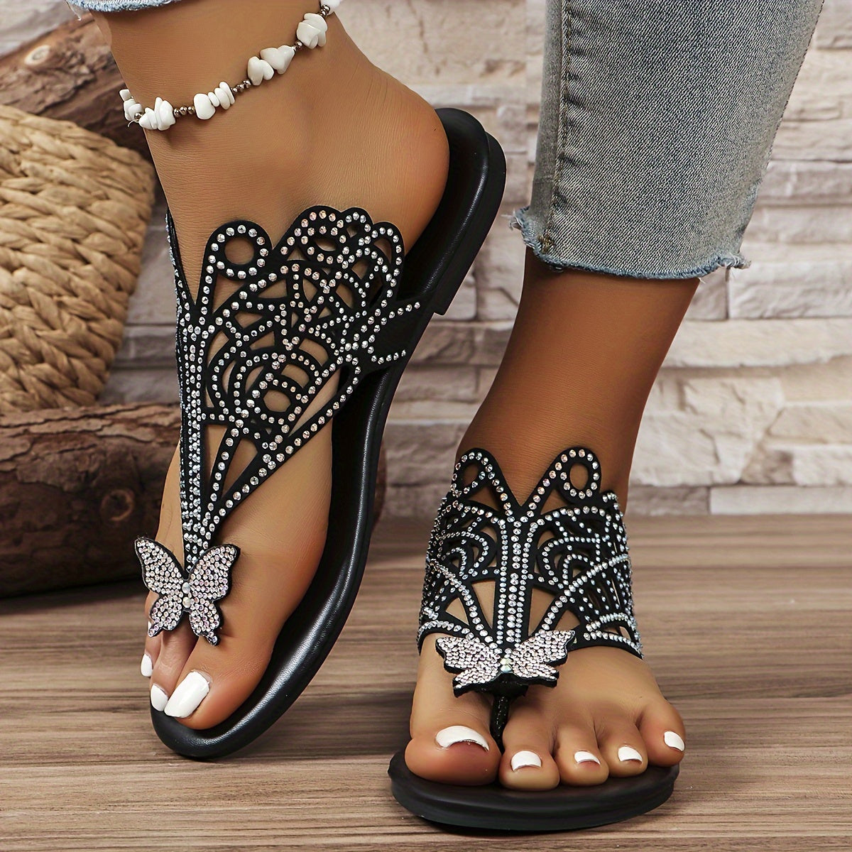 Women's Rhinestone Butterfly Flat Sandals Black Faux Cover Summer Slides