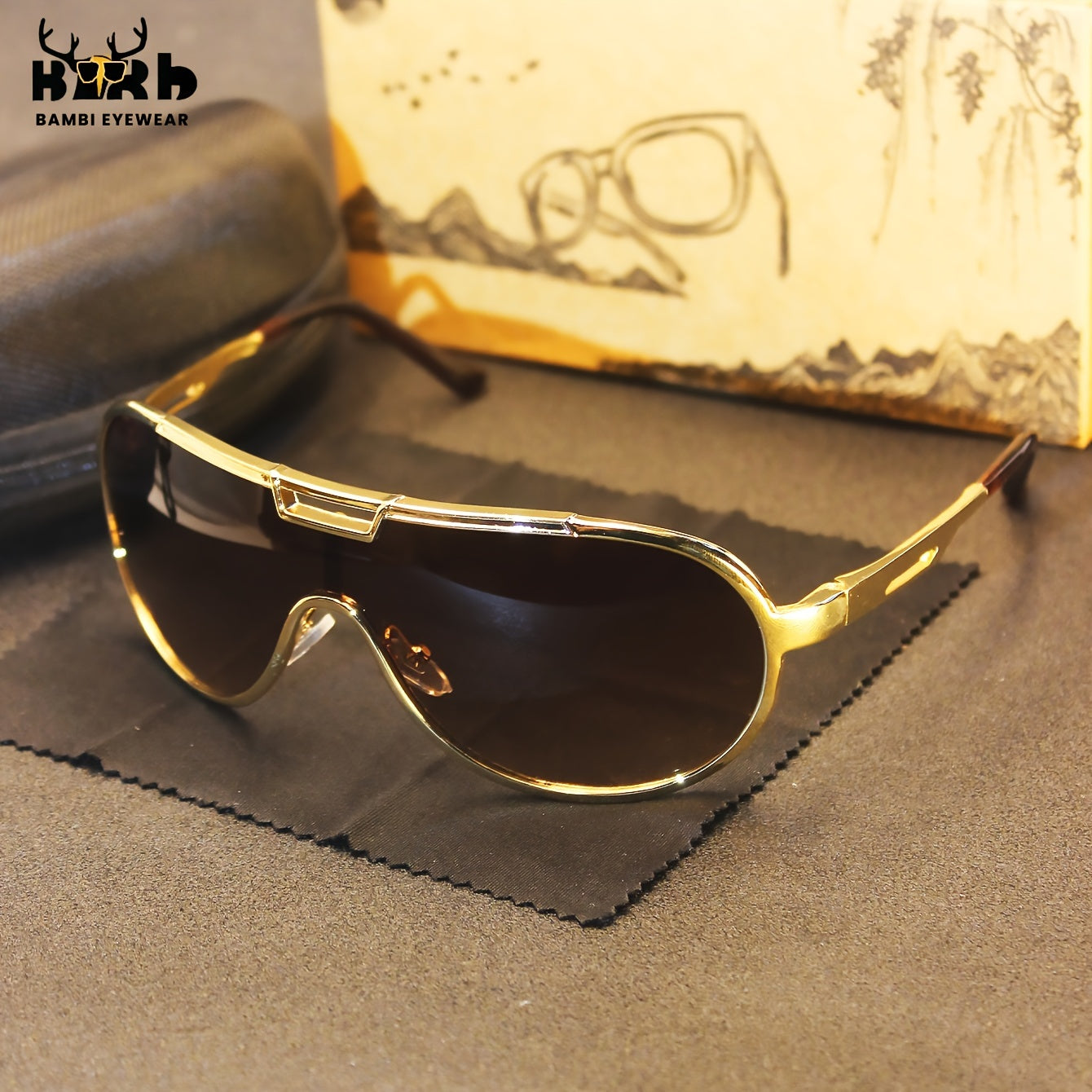 Oversized Gold Frame Sunglasses for Outdoor Cycling and Street Fashion with Zipper Case