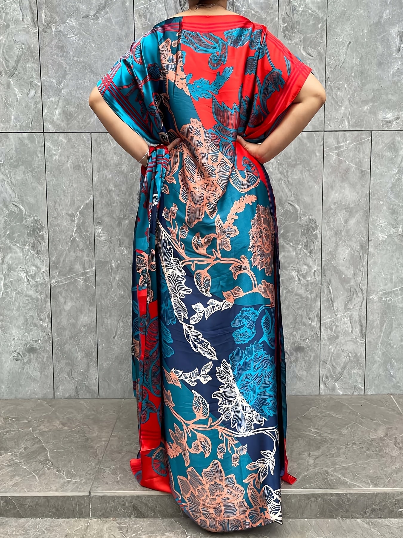 Plus Size Floral Longline Dress Short Sleeve Crew Neck Summer Women