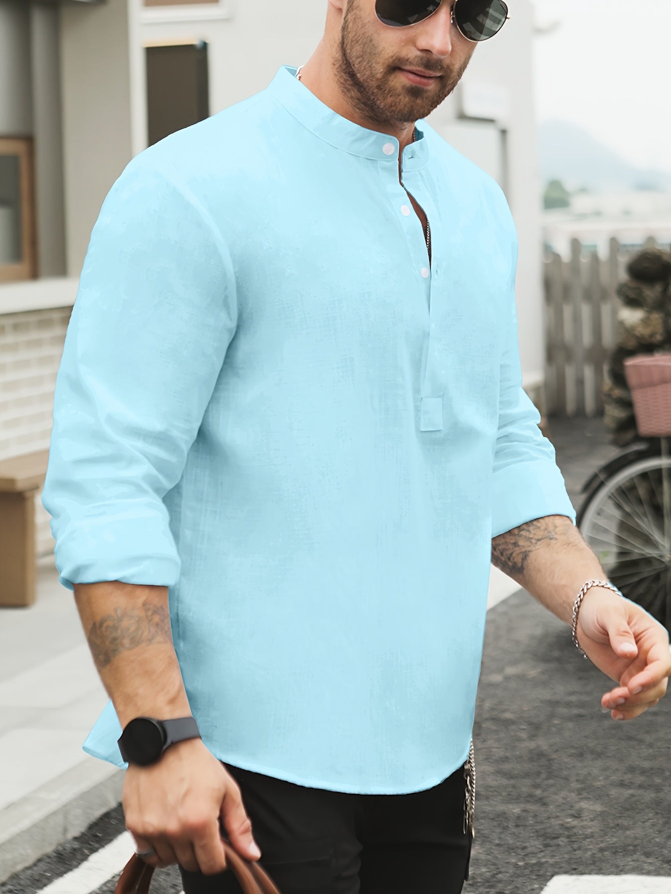 Men's Mint Green Bamboo Cotton Henley Shirt Long Sleeve Casual Summer Relaxed Fit