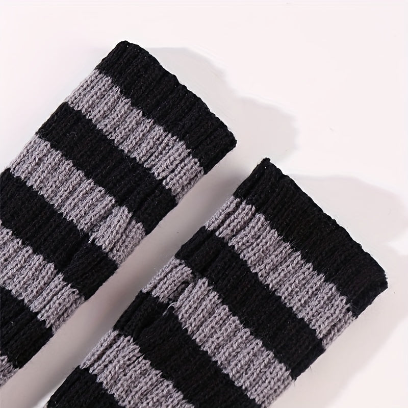 Women's Long Striped Knit Gloves with Thumb Hole and Arm Cover for Autumn Winter