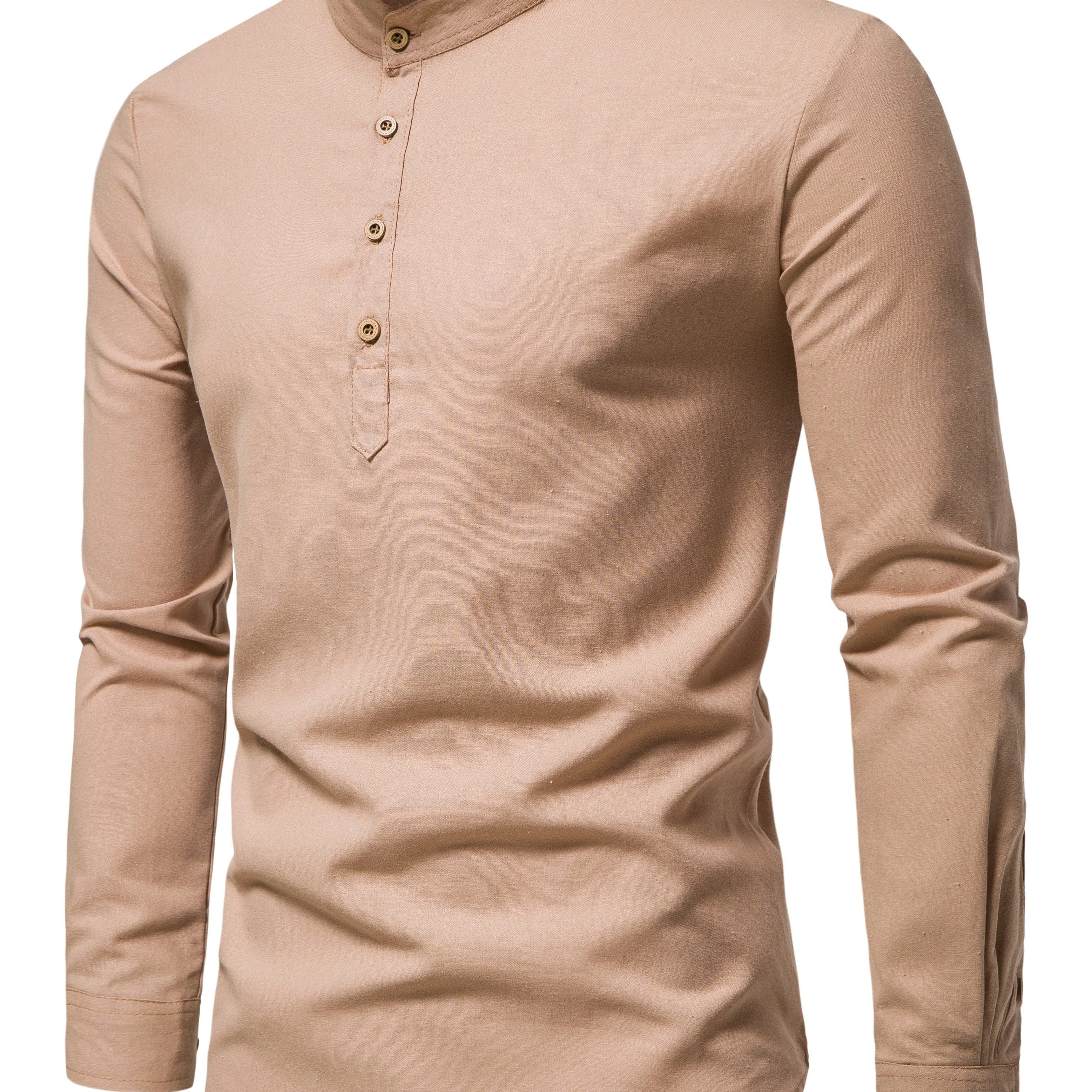 Men's Cotton Solid Long Sleeve Stand Collar Shirt for Summer Outdoor Activities