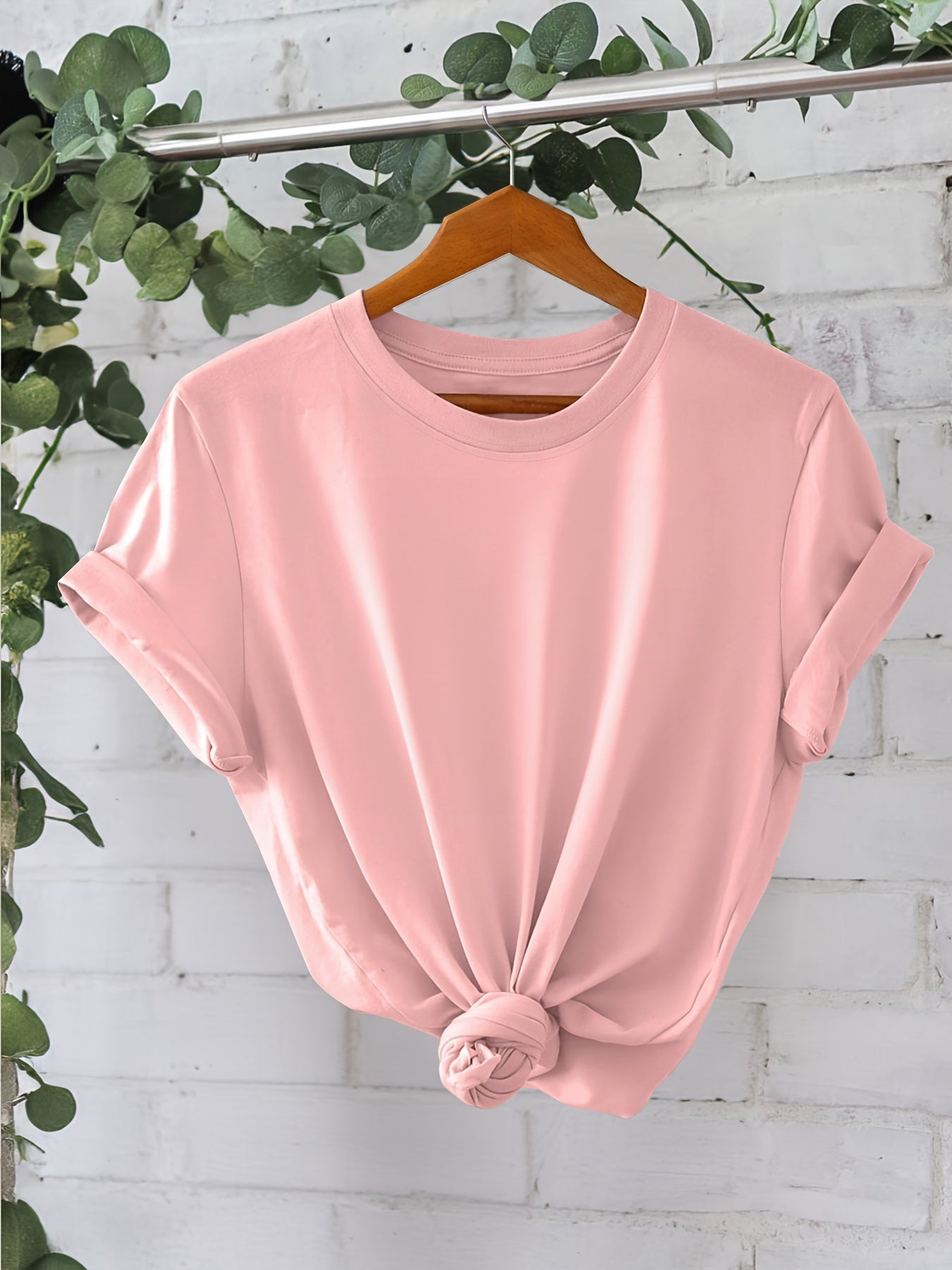 Set of 3 Women's Cotton Solid Color Crew Neck T-Shirts with Short Sleeves and Knot Detail
