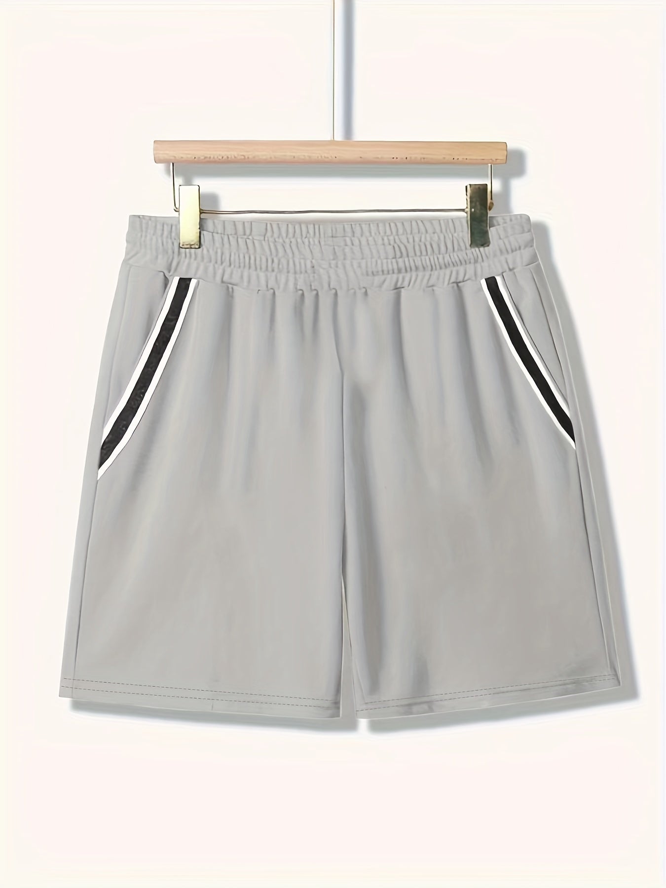 Men's Plus Size Casual Outfit Set with Striped Polyester T-Shirt and Shorts in Light Gray