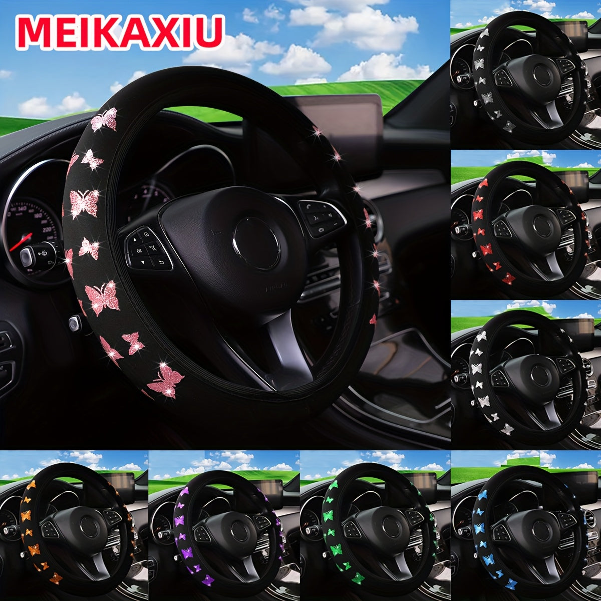 Universal Glitter Butterfly Steering Wheel Cover Waterproof Non-slip for 14.5-15 Inch