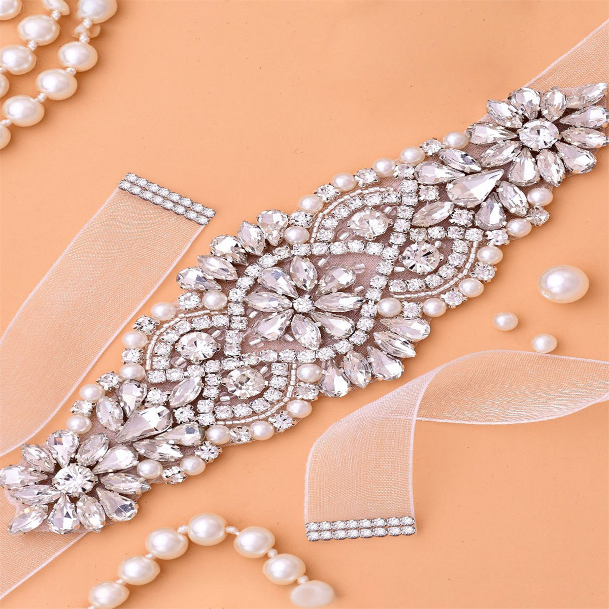 Handcrafted Rhinestone Bridal Belt Waist Chain Sash with Faux Pearl Beads Wedding Dress Accessory