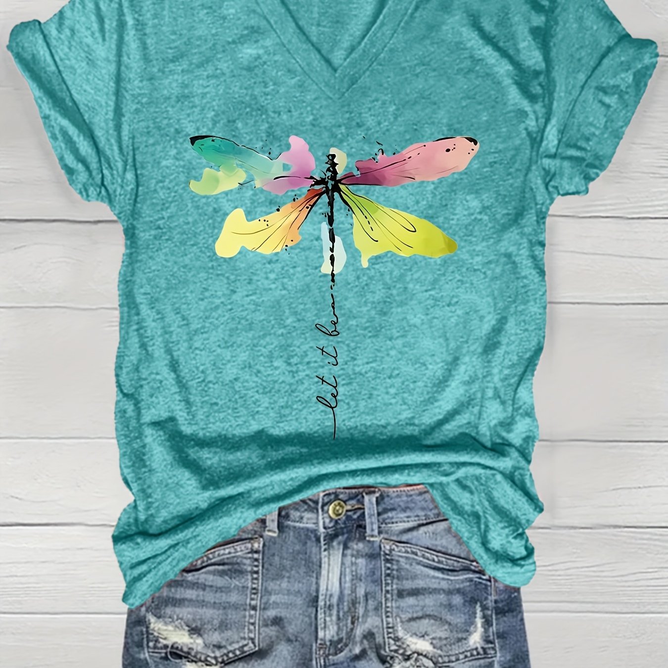Women's V-Neck Short Sleeve T-Shirt with Vibrant Dragonfly Print Lightweight Casual Top