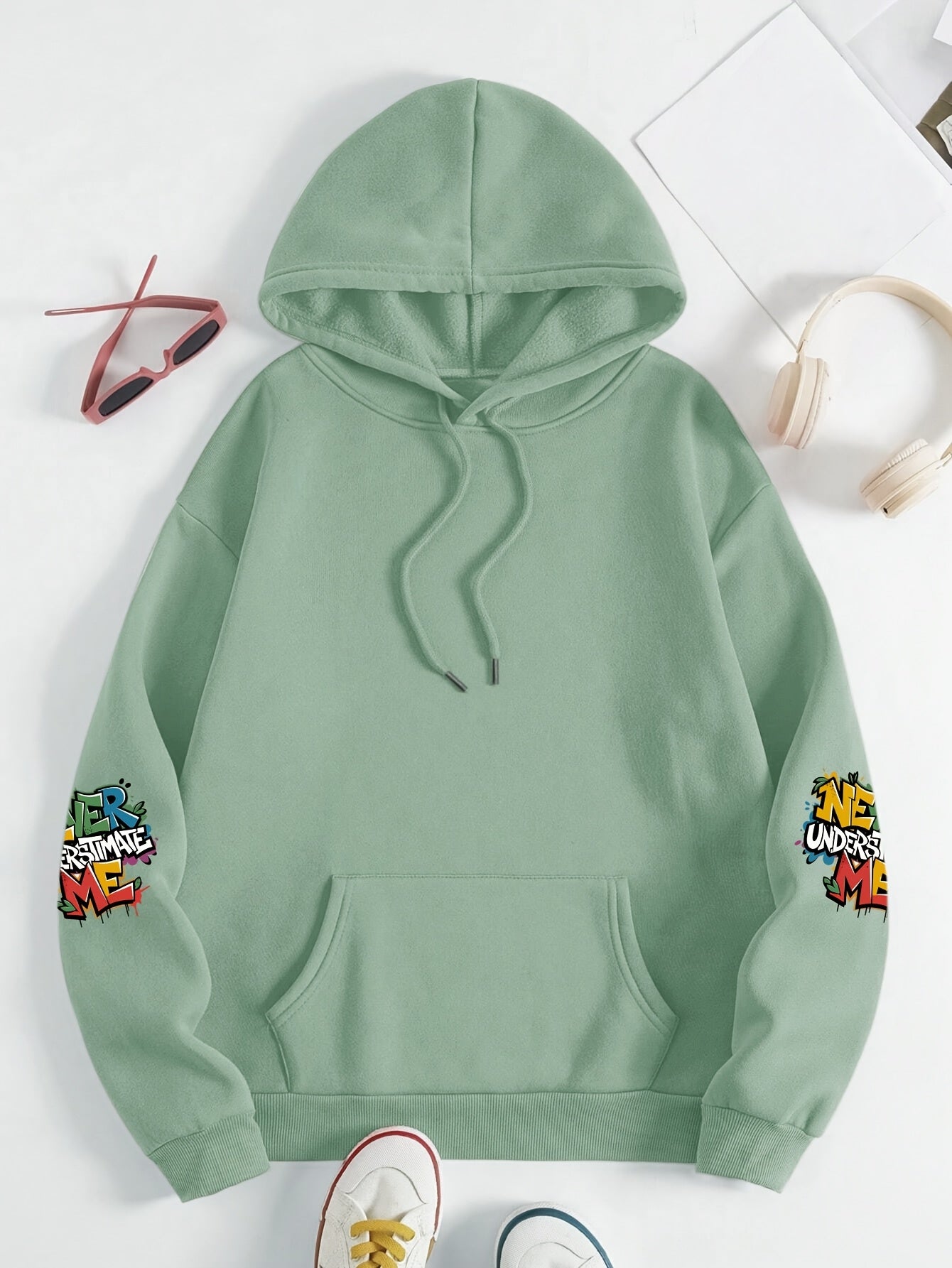 Plus Size Women’s Hoodie Fleece-Lined Graffiti Print Green Fall Winter