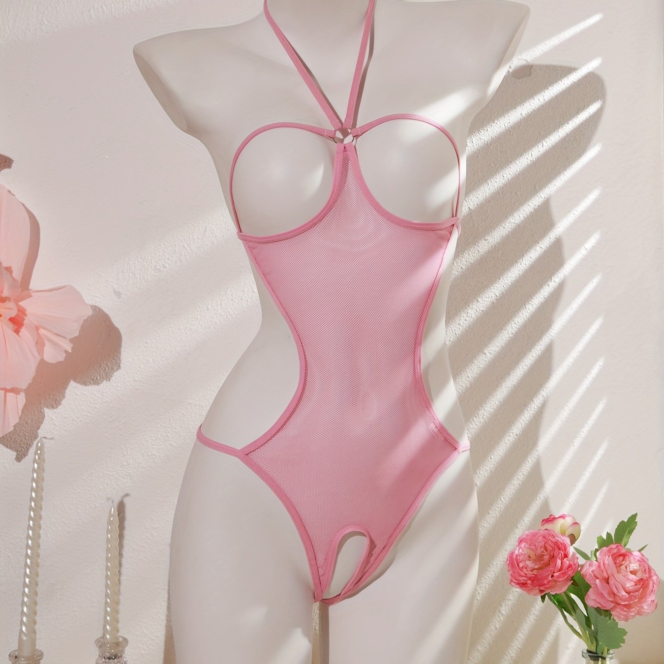 Seductive Lace Mesh Bodysuit with Open Crotch and Lace-Up Design for Lingerie