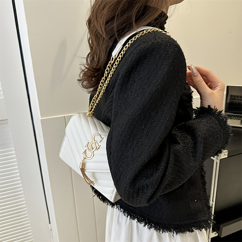 PU Chain Decorated V-Shaped Tassel Square Shoulder Bag