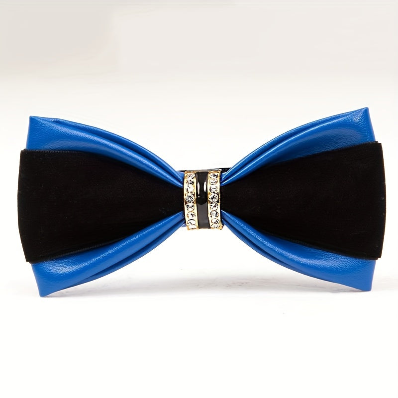 Leather Bow Tie with Rhinestones for Weddings and Formal Events in Black Velvet or Gold