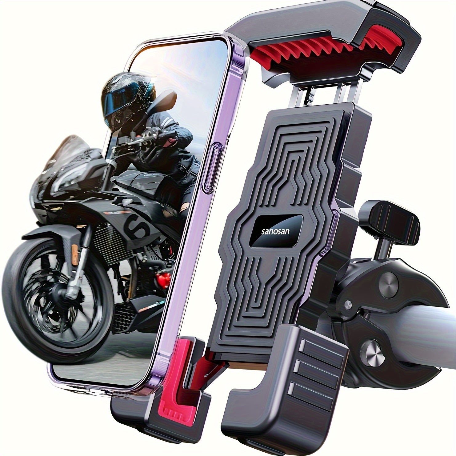 Universal ABS Motorcycle Phone Holder – Adjustable, Secure Grip, Red Accents