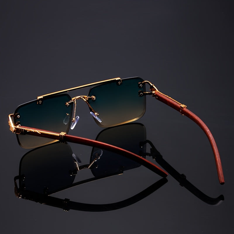 Ayollar uchun vintage yashil gradientli ko'zoynaklar, leopard bosma metall ramka va yog'och tutqichlar bilan