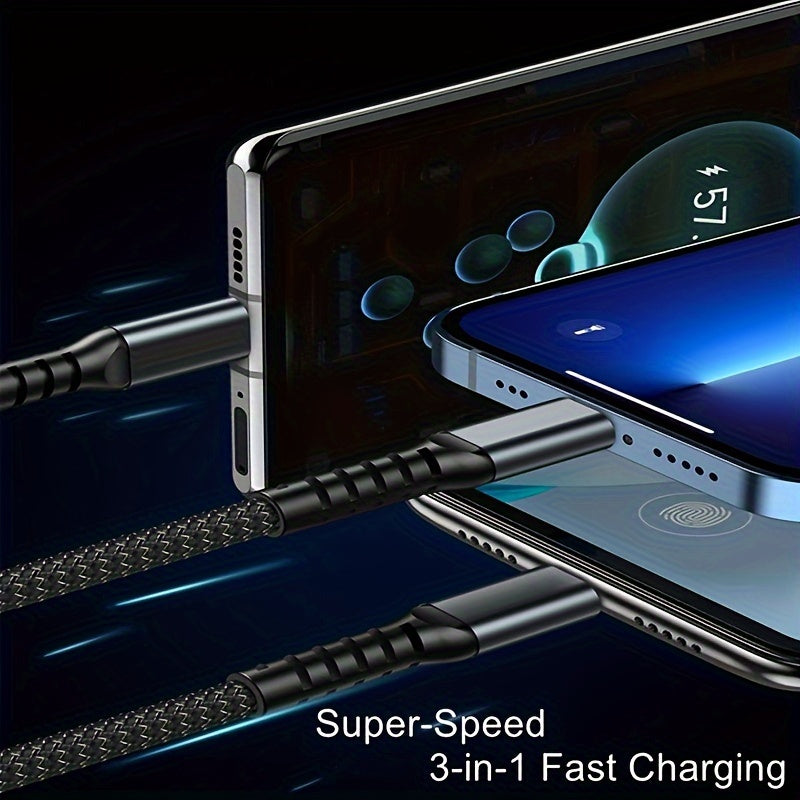 High-Speed 100W 3-in-1 Nylon Fast Charging Cable for iPhone Samsung Xiaomi USB-C Micro USB Lightning
