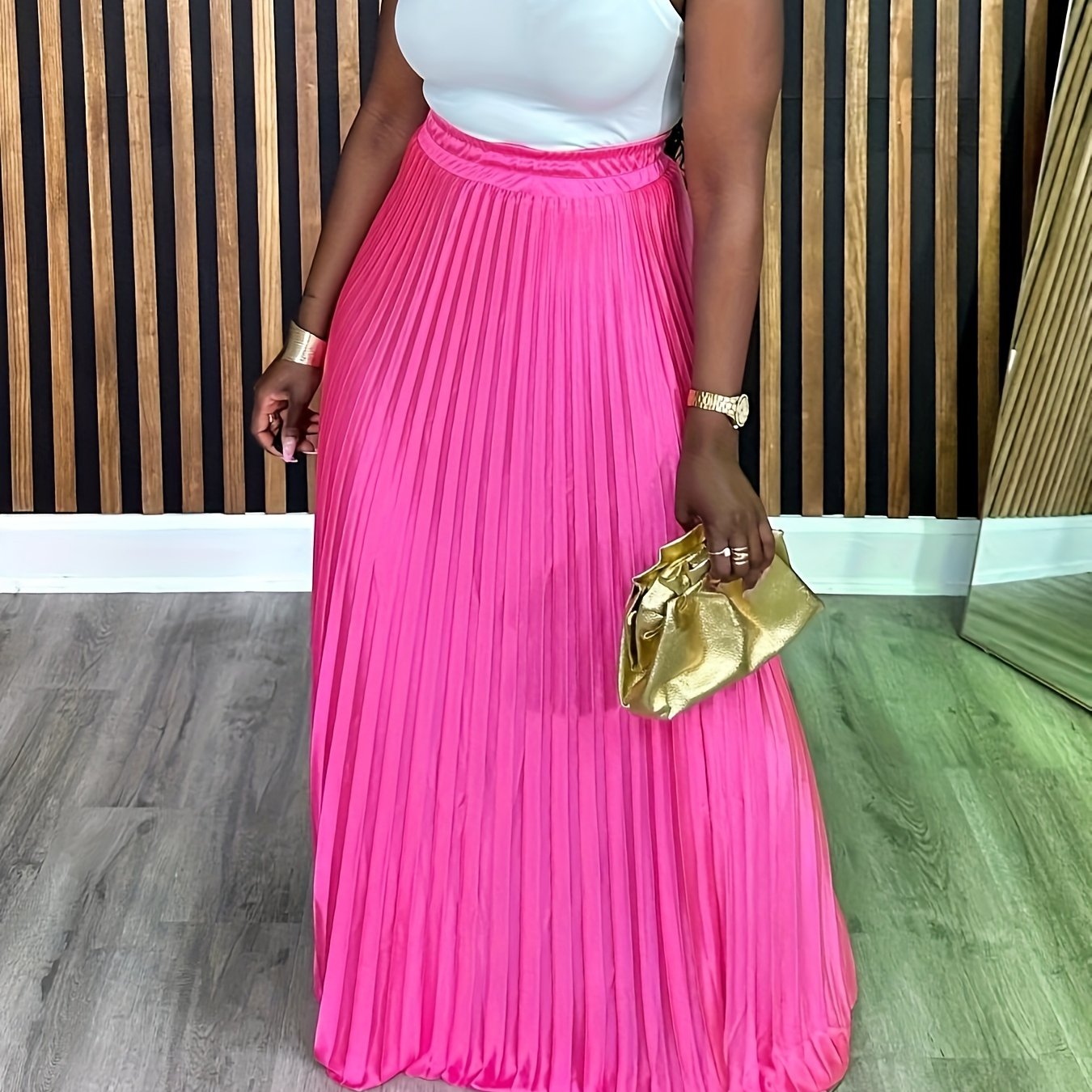 Plus Size Pleated Skirt Elastic Waist Long Skirt For Spring Summer