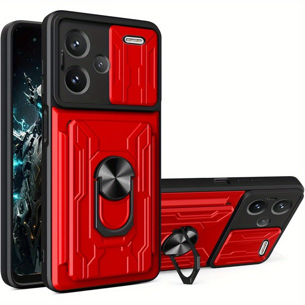 Black PC Phone Case for Xiaomi Redmi Note 13 with Card Holder Camera Cover and Kickstand