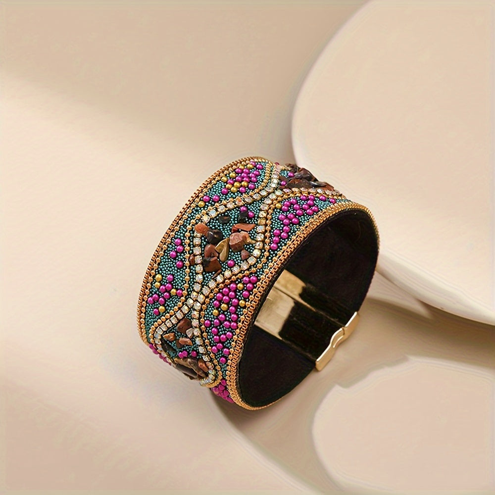 Women's Handmade Natural Stone Bead Faux Leather Bracelet with Magnetic Clasp