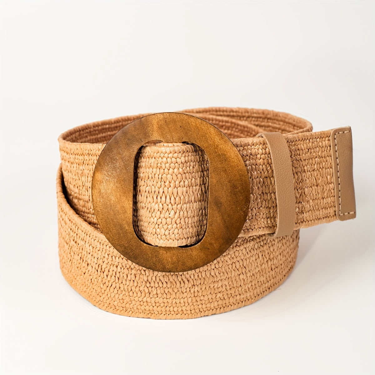Women's Boho Wide Straw Belt with Wooden Buckle Elastic No-Hole Design for Casual and Formal Wear