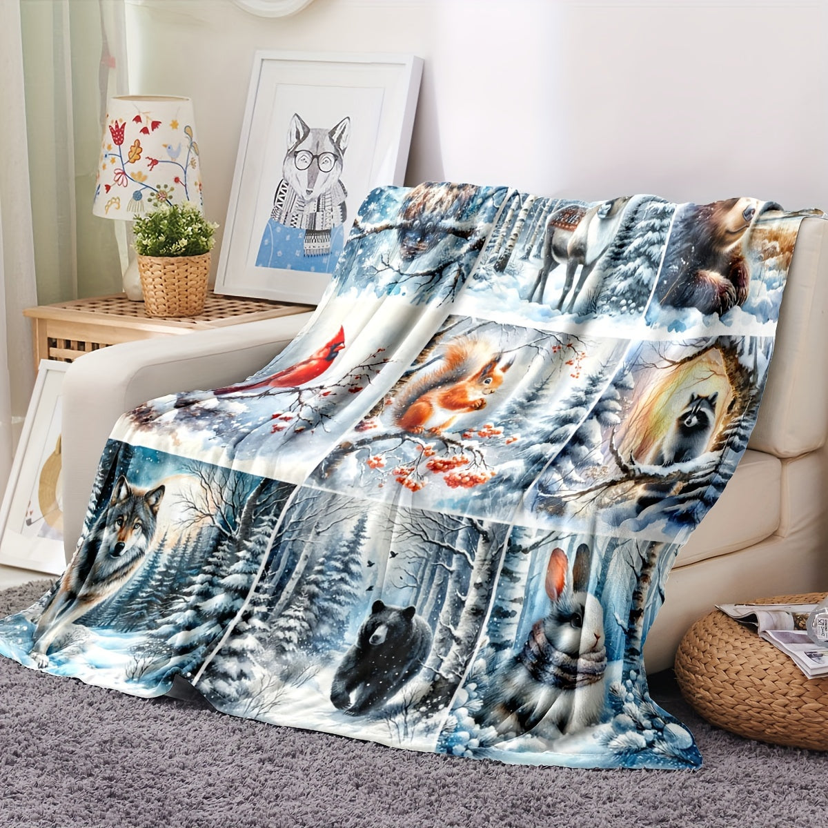 Digital Print Christmas Animal Theme Flannel Blanket Cozy Soft Lightweight for Sofa Bed Camping