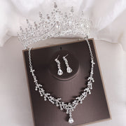 Vintage Baroque Rhinestone Crown Necklace and Earrings Set for Bridal and Wedding
