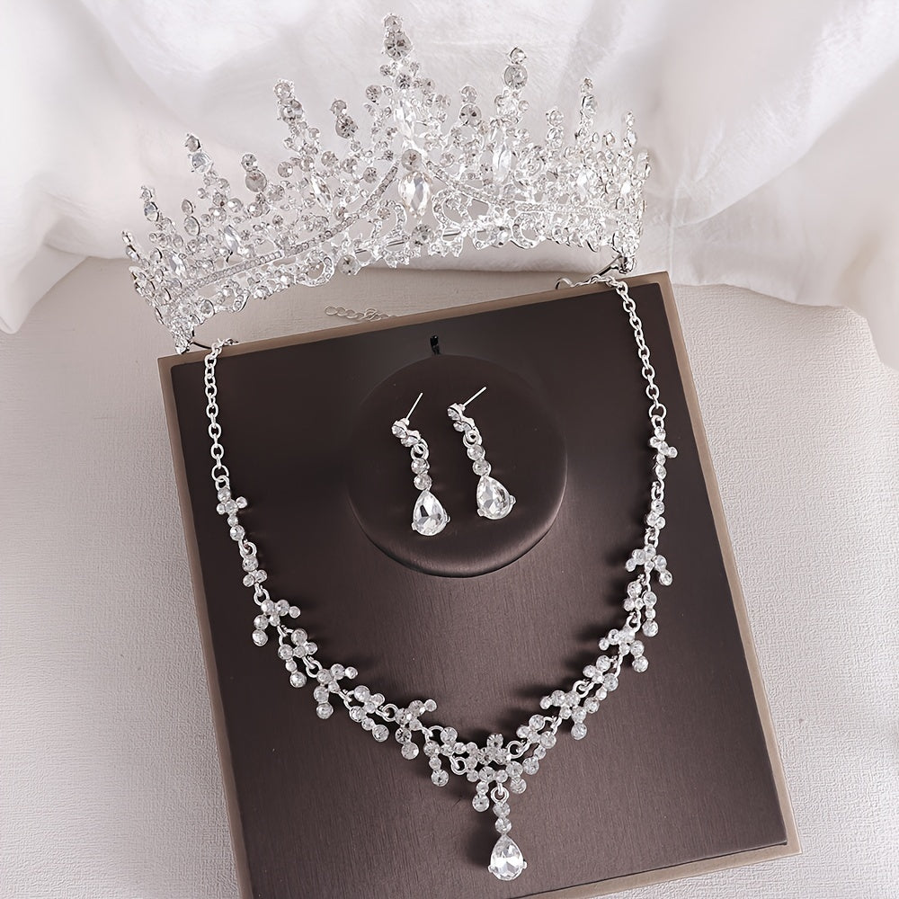 Vintage Baroque Rhinestone Crown Necklace and Earrings Set for Bridal and Wedding
