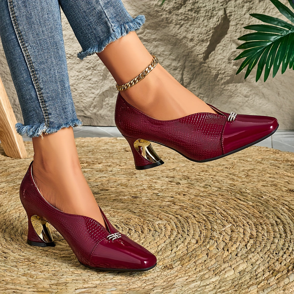 Women's Fashion Deep Mouth Diamond Buckle Square Toe High Heels Comfortable Chunky Heel