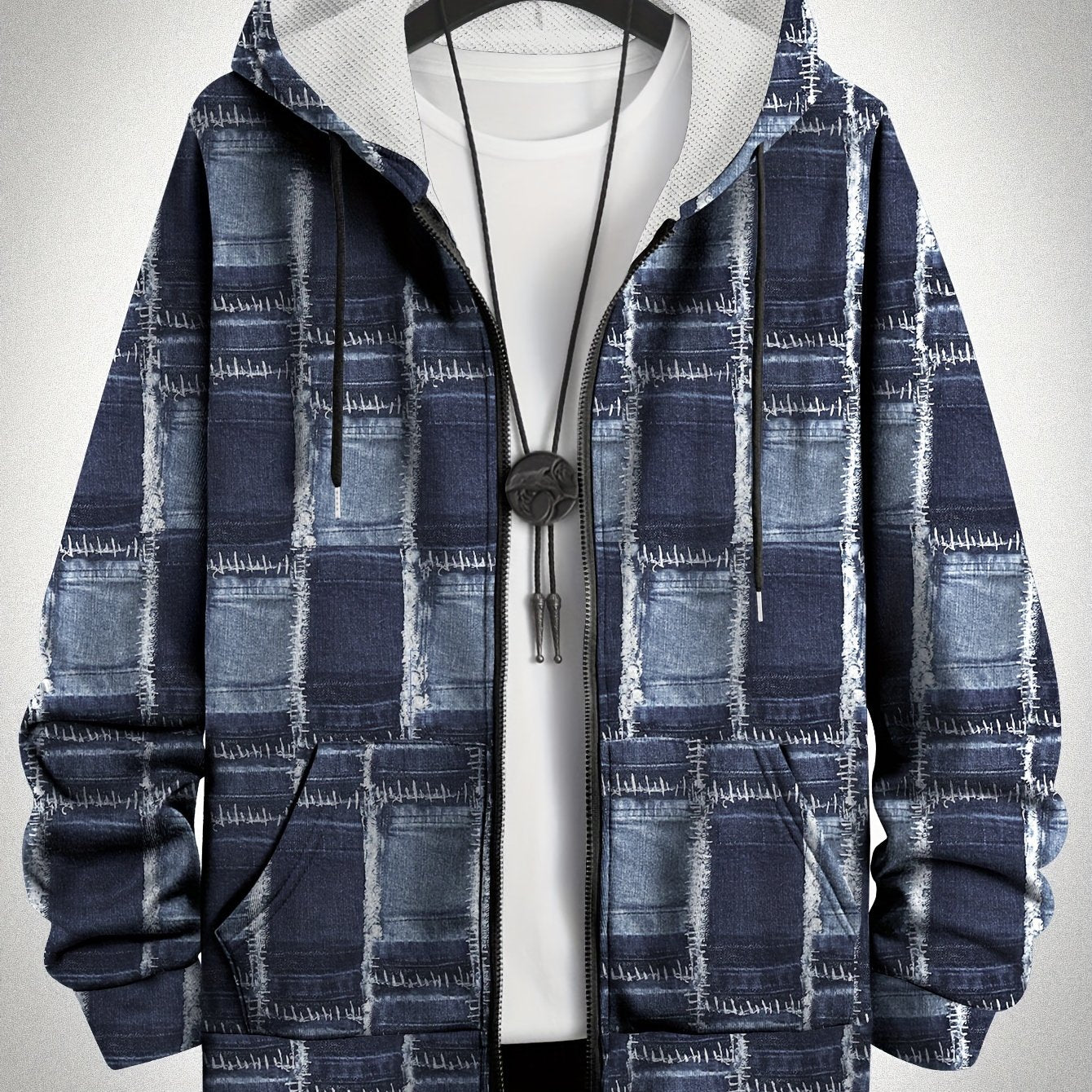 Plus Size Men's Faux Denim Print Hooded Jacket with Zipper Pockets and Machine Washable