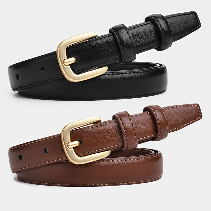 Women's PU Leather Belts with Golden Buckle 2-Pack Casual Vintage for Jeans Dresses