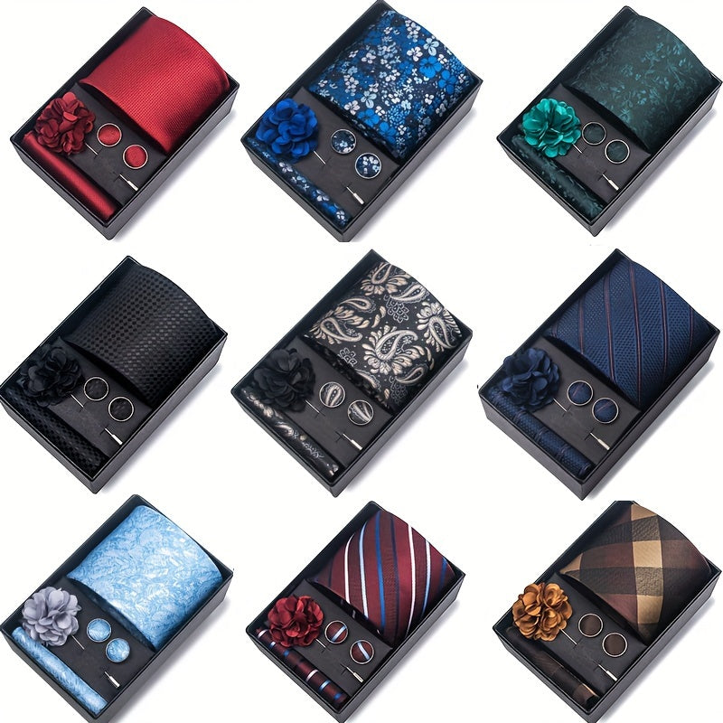 Men's Fashion Tie Set with Striped and Paisley Neckties, Pocket Square, Cufflinks, Lapel Pin in Gift Box for Business and Weddings