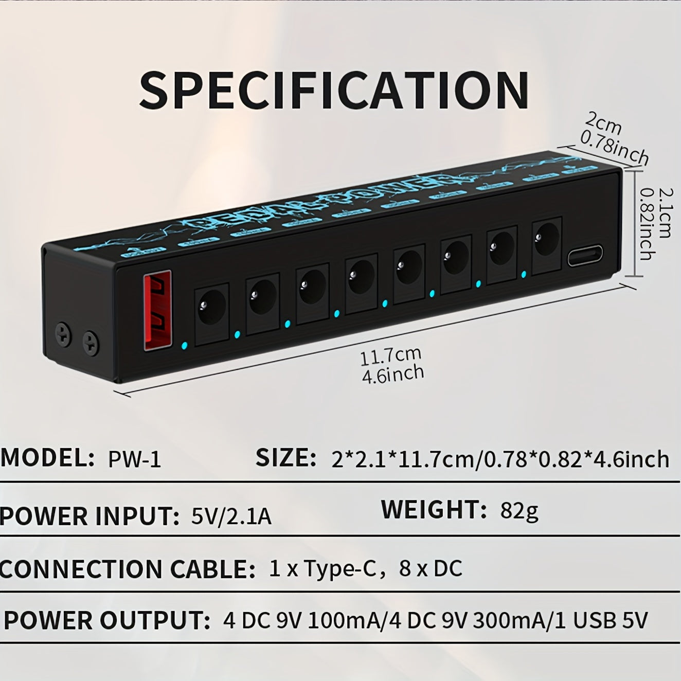 8 ta izolyatsiyalangan 9V kanallari, Type C kirishi, 8 ta DC chiqishi, 1 ta USB chiqishi va qisqa tutashuvdan himoya bilan portativ pedal quvvat manbai.