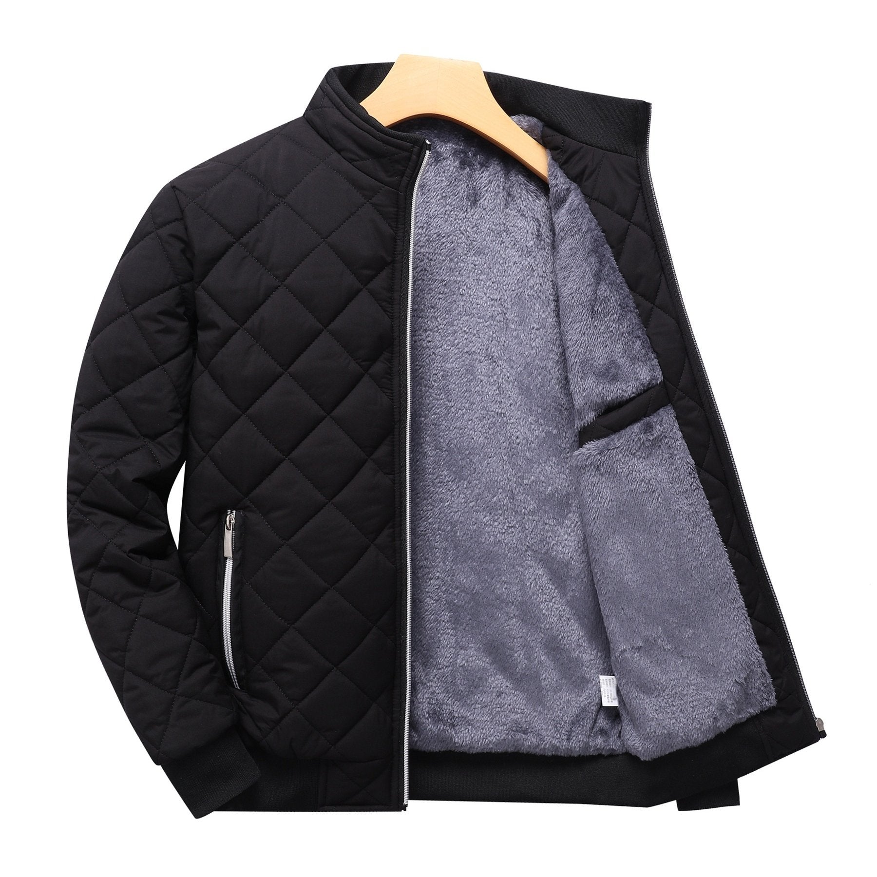 Chaqueta de invierno acolchada para hombre con forro de felpa en verde oscuro, cuello alto y cremallera