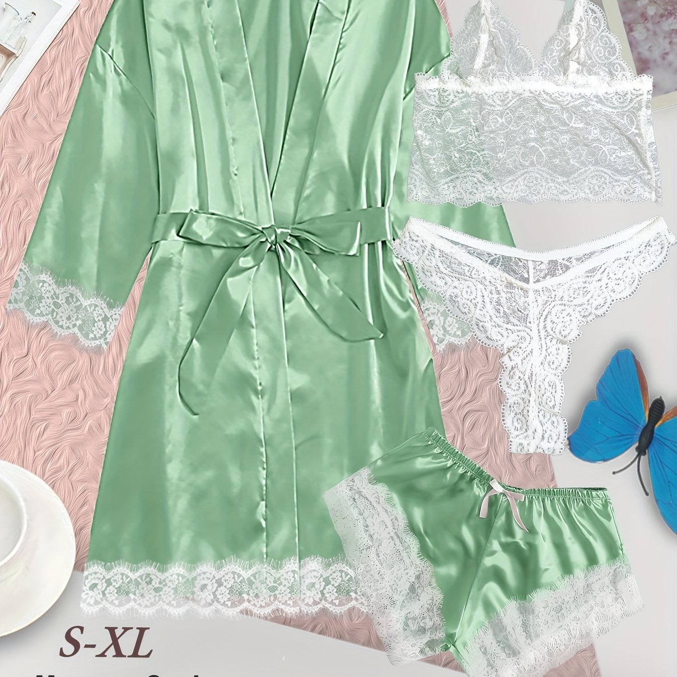 Women's Loungewear Set with Lace Detailing Robe V-Neck Cami Shorts and Panties