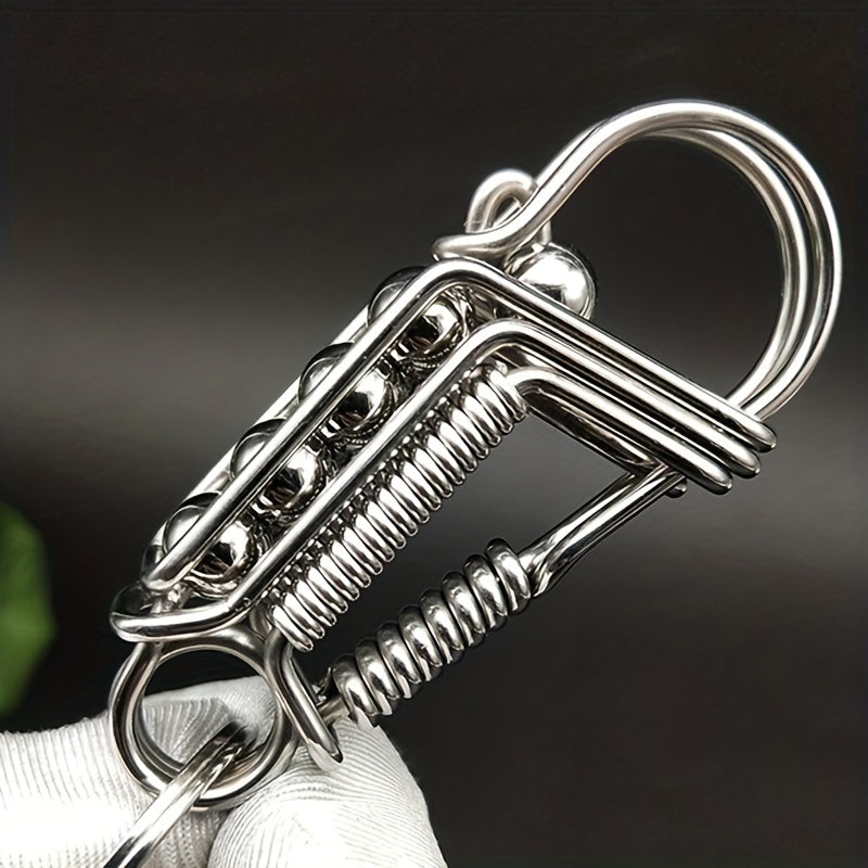 Men's Stainless Steel Keychain with Engraved Bead and Mechanical Buckle