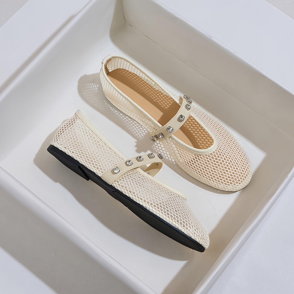 Women's Mesh Ballet Flats with Rhinestone Strap and Round Toe