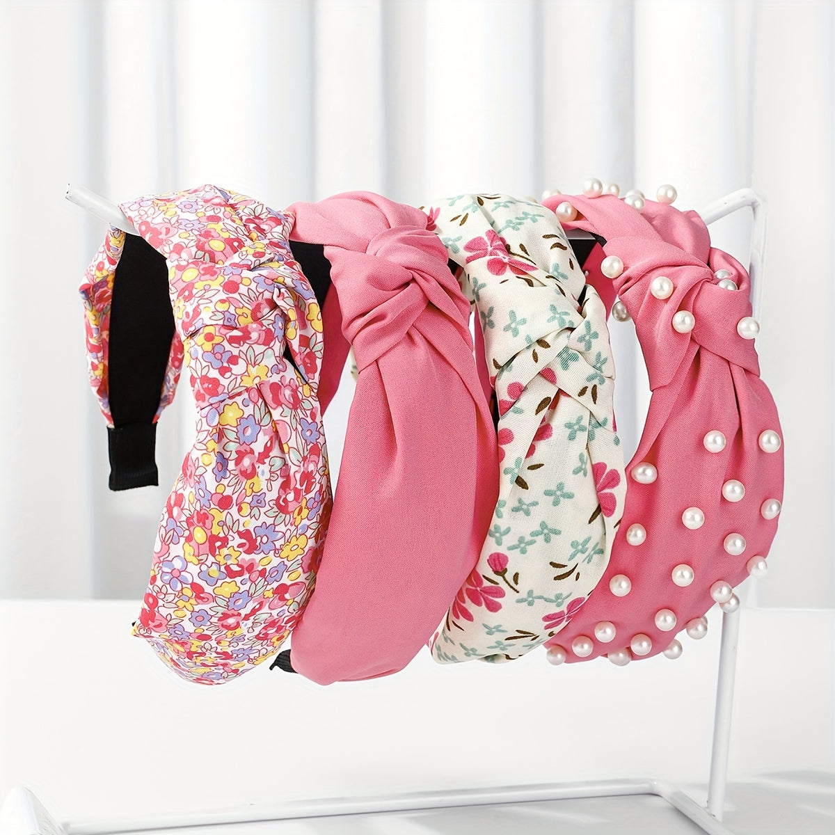 Set of 4 Women's Fabric Floral and Polka Dot Knotted Headbands with Faux Pearl Details