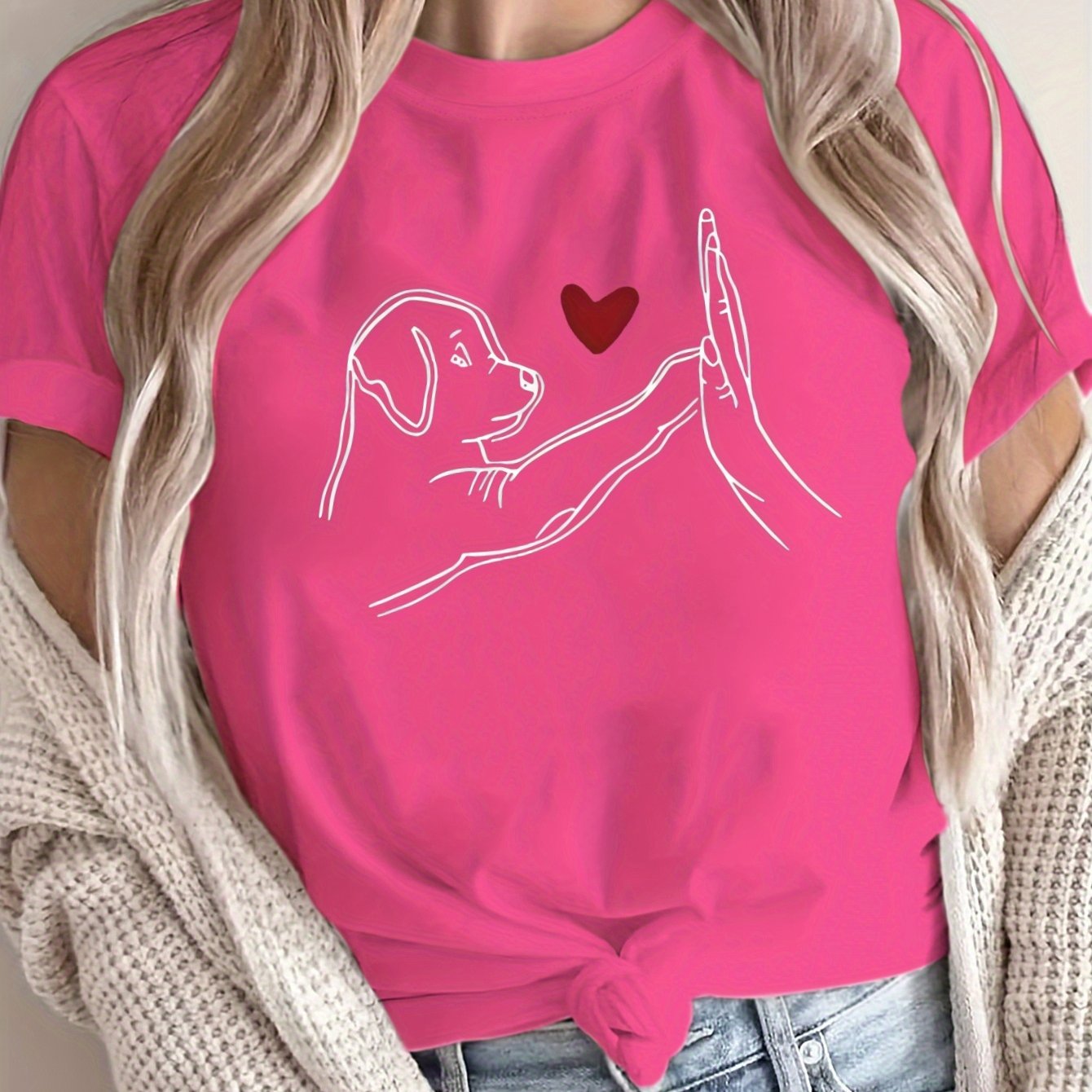 Women's Plus Size Loose Fit T-Shirt Cotton Casual Top with Cartoon Dog Design