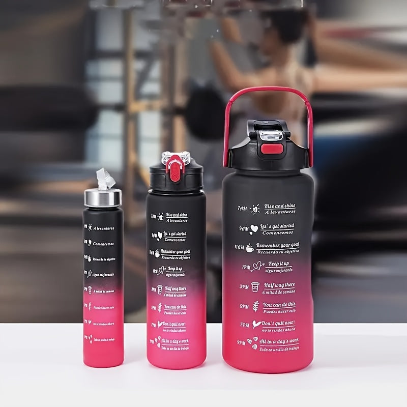 Zamonaviy gradient rangli suv idishlari vaqt miqyosi va qalamcha bilan, sport va sayohat uchun suyuqlik o'tkazmaydigan, uchta o'lchovda (2000ml, 800ml, 300ml). Kamping, maktab, ofis va sovg'a uchun ideal.