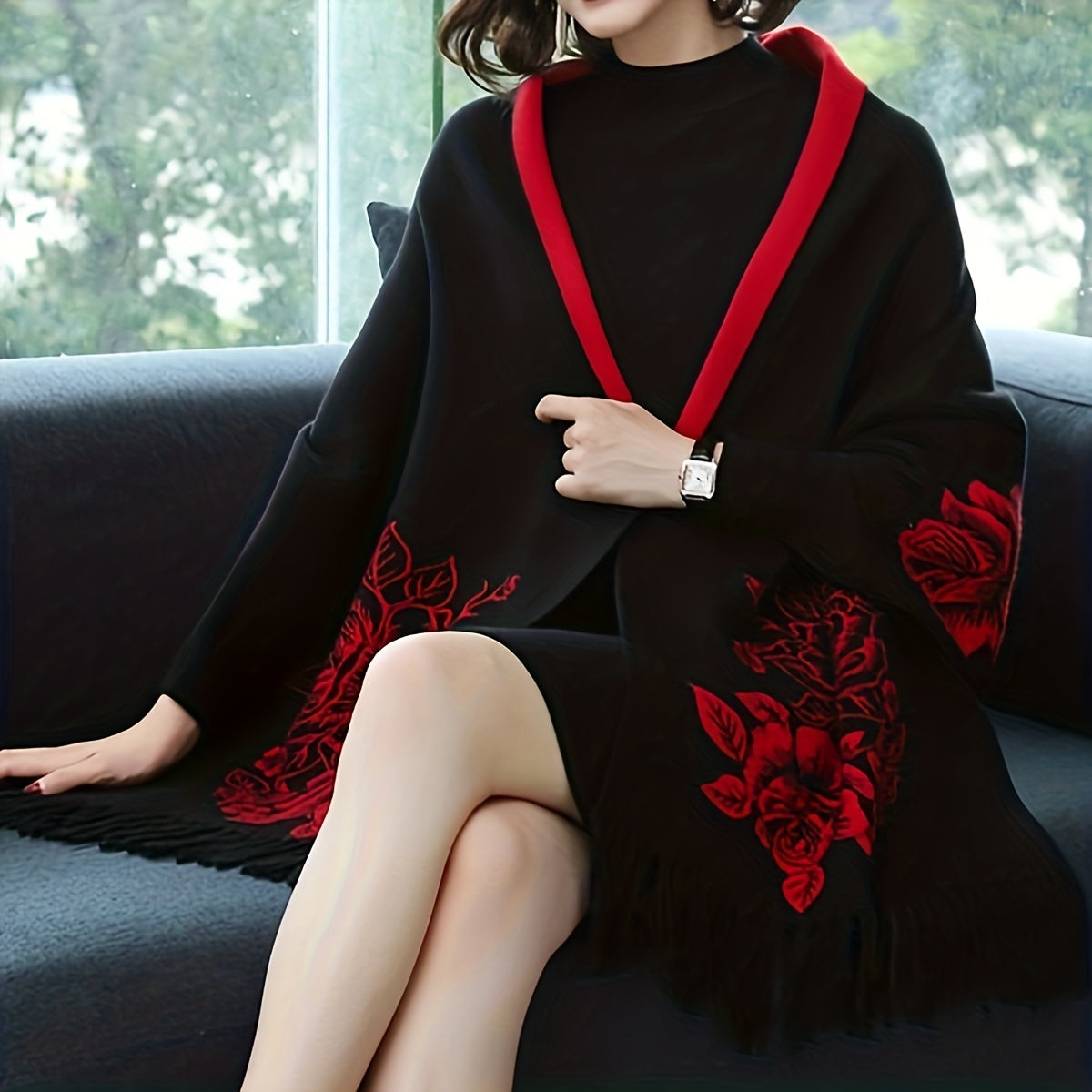 Women's Reversible Jacquard Warm Cape Shawl with Brooch Stylish Wrap