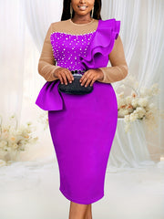 Women's Beaded Ruffle Shoulder Gauze Bodycon Evening Dress Long Sleeve