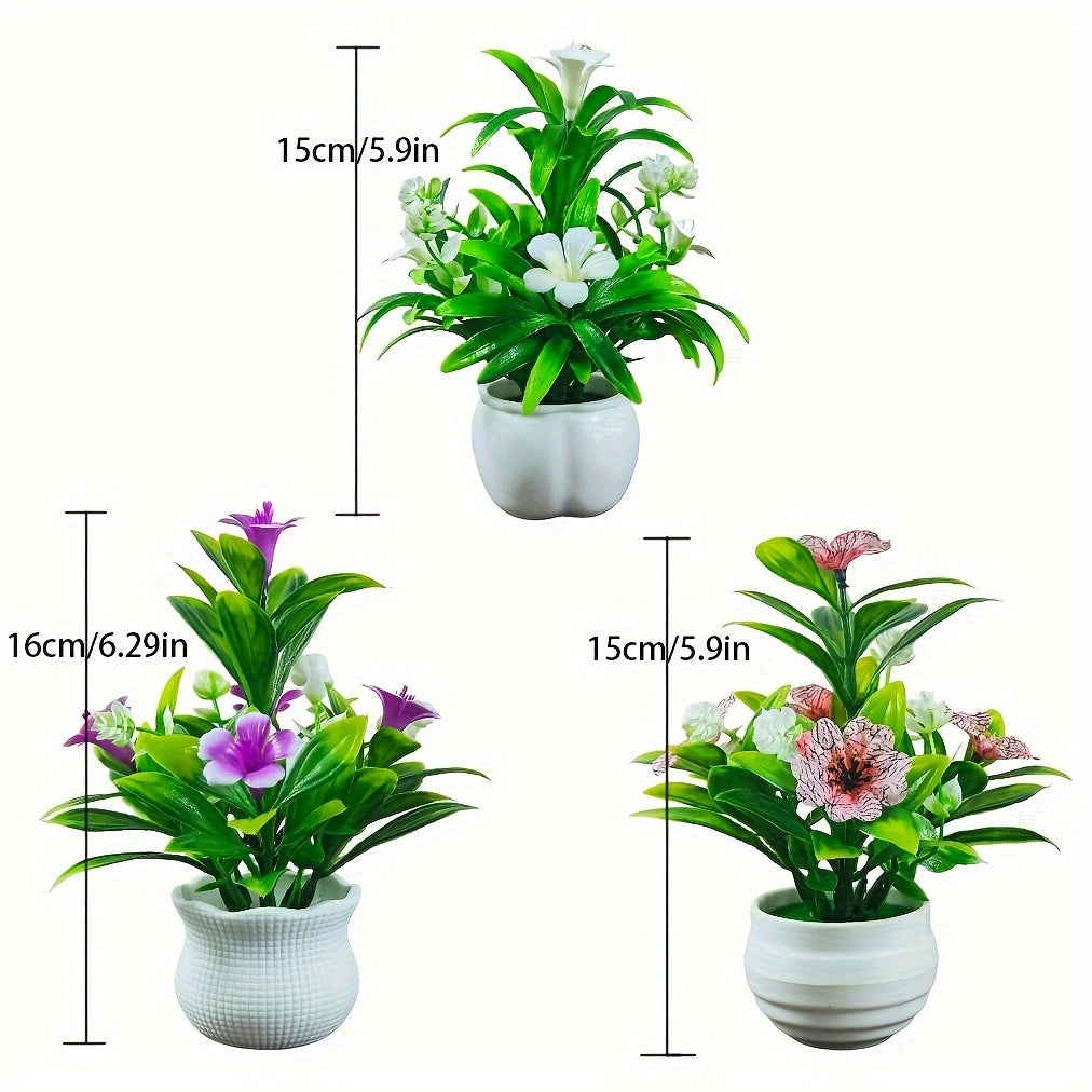 3 ta mini sun'iy qozon o'simliklar to'plami, uy bezatish uchun oq qozonlar bilan. Turli tadbirlar uchun yashash xonasi, ofis stoli yoki bayram stol bezatish uchun mukammal.